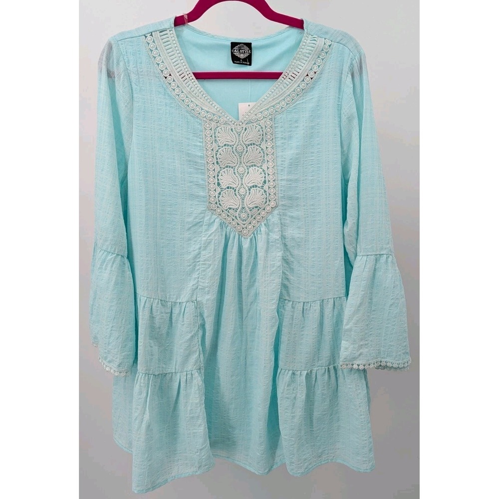 New CalStyle Tunic Boho Top Size‎ L Aqua Embordered Bell Sleeves Boho Peasant